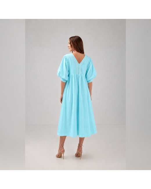 IZABELA MANDOIU Blue Aqua Midi Dress With Puff Sleeves And Decorative Trim
