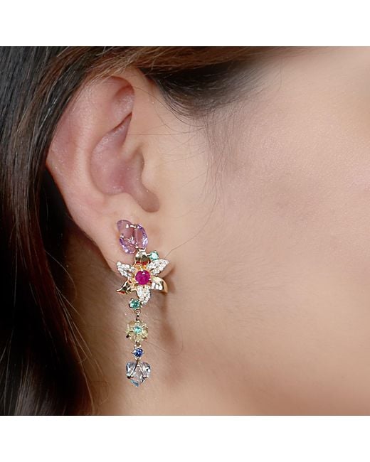 Artisan Multicolor Carving Multi Gemstone 18k Gold Natural Diamond Beautiful Flower Dangle Earrings