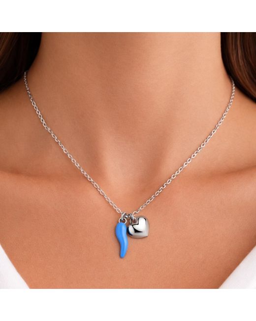 Unaloe Metallic Sterling Enamel Cornicello Necklace With Heart Charm – Handmade Italian Good Luck Symbol