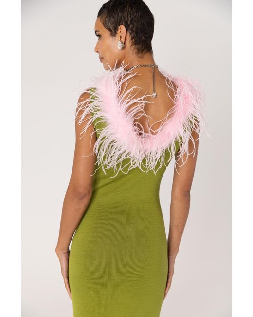 Andreeva Green Chrysanthemum Knit Dress With Real Ostrich Feathers Details