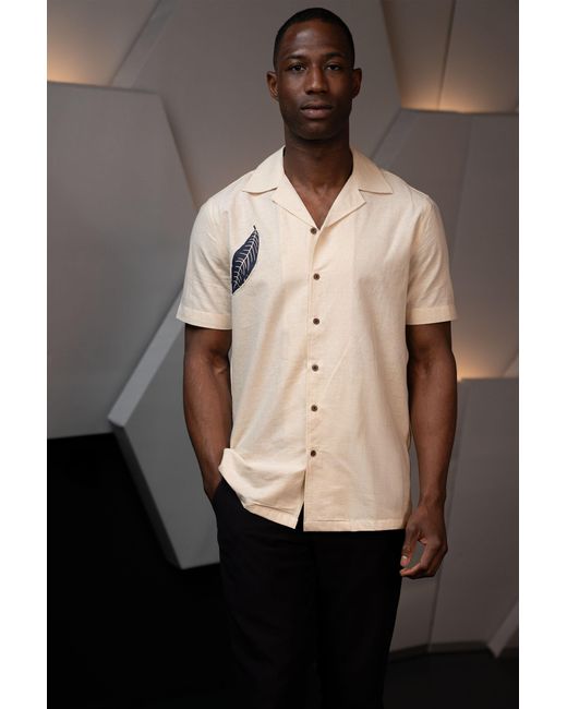Stovaria Natural Camp Collar Half Sleeve Organic Cotton Shirt With Leaf Appliqué for men