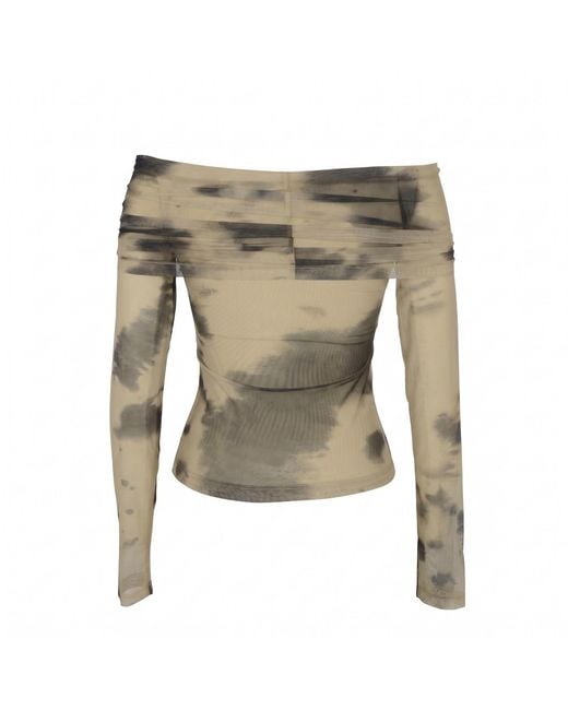 Modenaire Green Off Shoulder Mesh Top With Tie Dye Print And Fitted Silhouette