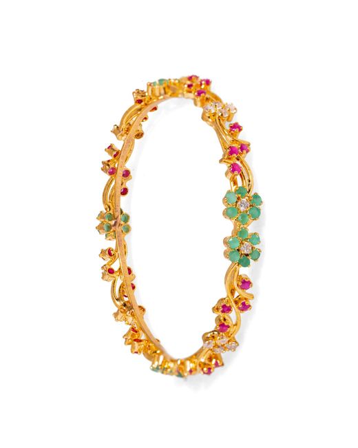 Ebru Jewelry Metallic Victorian Floral Emerald & Ruby Gemstone Bangle Bracelet