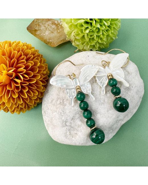 Farra Green Butterfly-Shaped Shell With Malachite Statement Earrings