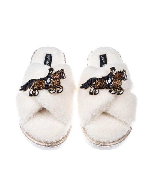 Laines London Multicolor Neutrals Neutral Boucle Slippers With Dressage Horse Brooches