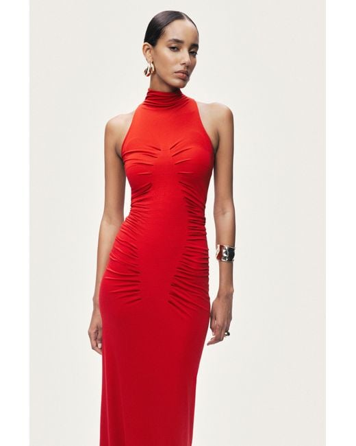 Nocturne Red Ruched High-Neck Maxi Dress