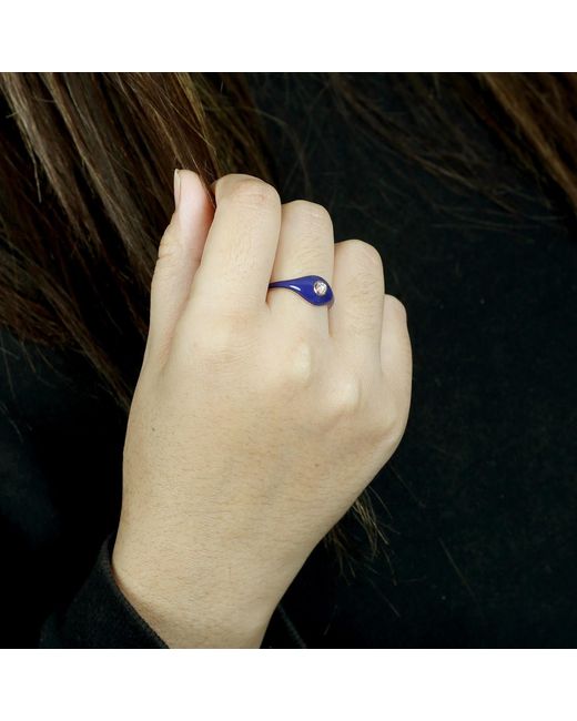 Artisan Blue Solid 14k Natural Diamond Solitaire Band Ring Enamel Jewelry