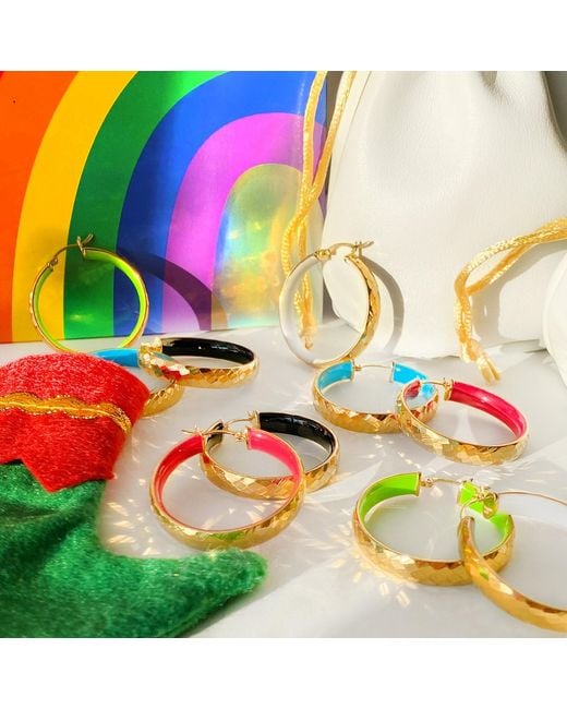 Gold & Honey Green Hammered Hoop Earrings With Neon Enamel