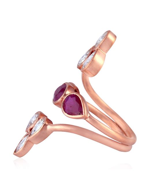 Artisan Pink Rose Gold Uncut Diamond Ruby Cocktail Ring Handmade
