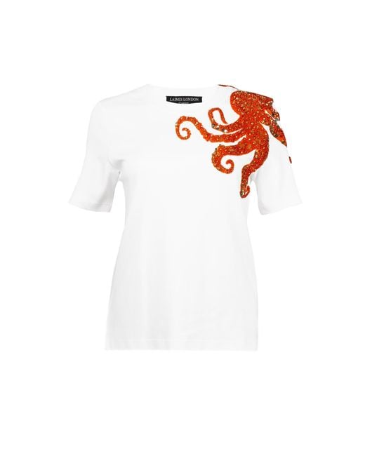 House of Laines London White Laines Couture Embellished Octopus T-Shirt