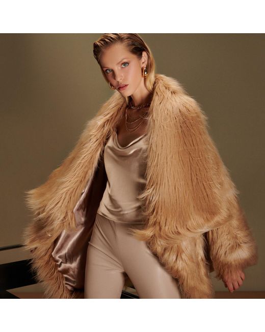 N'Onat Brown Neutrals Fluffy Faux Fur Vegan Coat In Camel