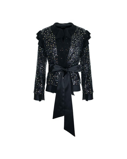 concept A trois Black Sequin Jacket With Satin Taffeta Cord And Veil Details