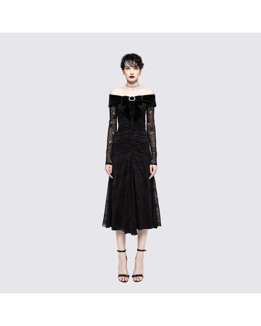Nissa Black Bow-Detail Lace Midi Dress