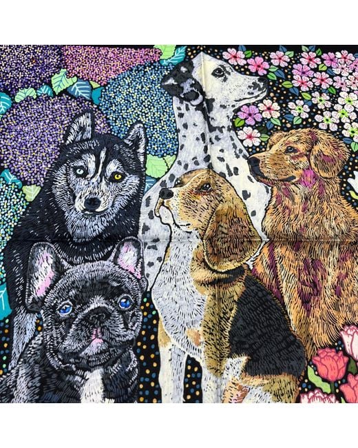 Wenzi Multicolor Whiskered Court The Canine Chapter Hand Painted Pattern Silk Twill Scarf