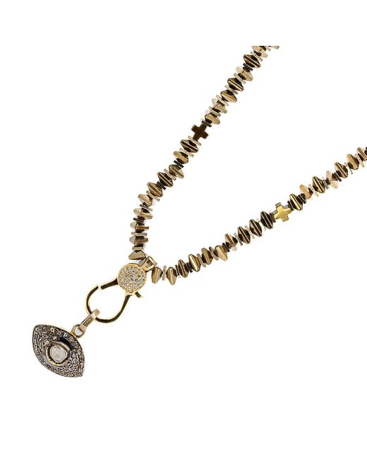 Ebru Jewelry Metallic Pave Diamond & Gold Evil Eye Pendant Hematite Stone Beaded Necklace