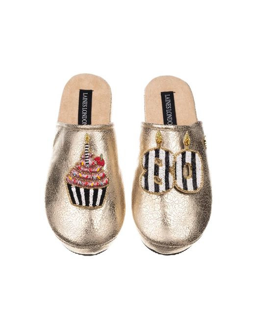 Laines London Natural Laines Softie Slippers With Stripe 80Th Birthday & Cake Brooches