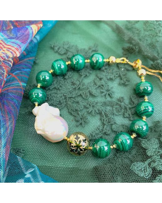 Farra Green Christmas Malachite With Baroque Pearl Adjustable Bracelet