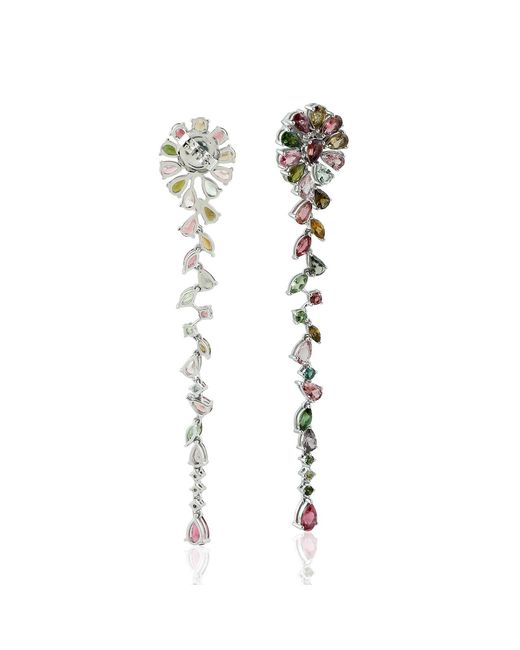 Artisan Metallic Multi-Color Tourmaline Floral Long Drop Earrings