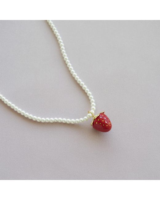 POPORCELAIN White Mini Porcelain Strawberry Swarovski Pearl Necklace