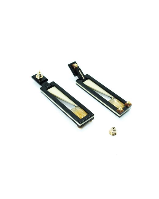 Gissa Bicalho Black Handmade Acrylic Earring Long Deco Rectangular Cut Stone Clay