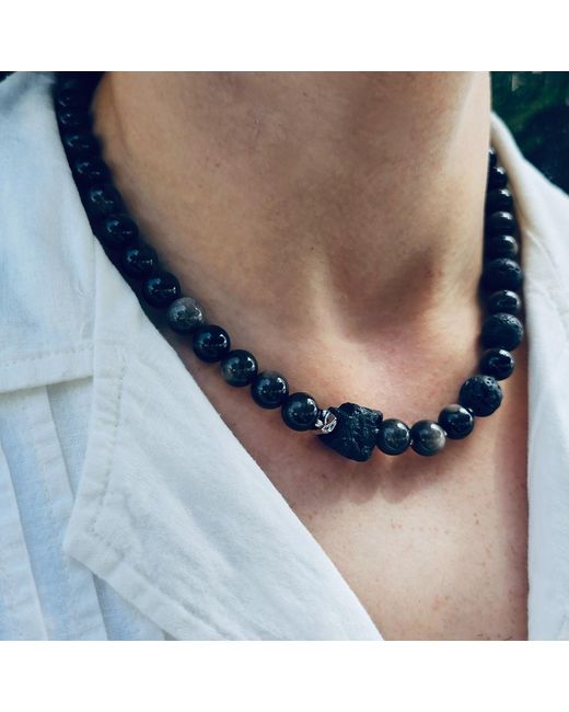 Farra Black Obsidian With Lava Stone Necklace for men