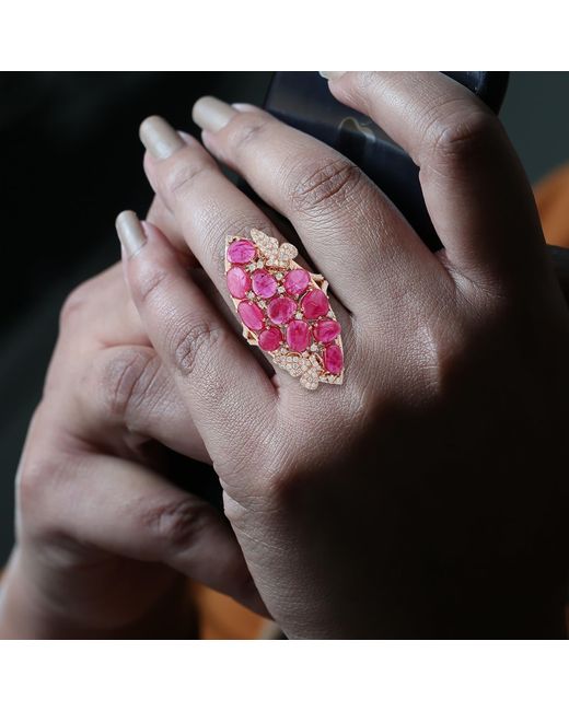 Artisan Pink 18k Rose Gold Marquise Shape Ring Diamond Ruby Gemstone Jewelry