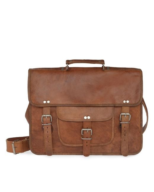 VIDA VIDA Brown Vida Vintage Classic Leather Satchel 15 Inch for men
