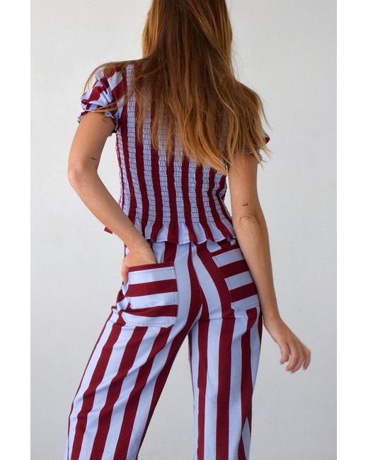 Mind Traveler Red Chia Burgundy And Light Short Sleeved Striped Blouse