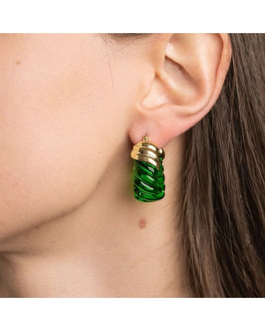 Gold & Honey Green Emerald Rope Shrimp Lucite Birthstone Hoop Earrings