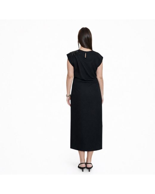 Nuvv Collection Black Draped Midi Dress With Beaded Shoulder Detail