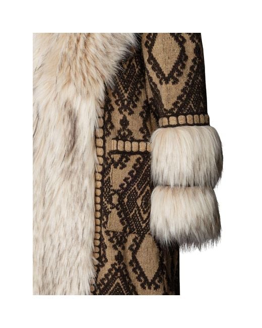 The Extreme Collection Natural Multicolour Long Knit Coat With Faux Fur Kira