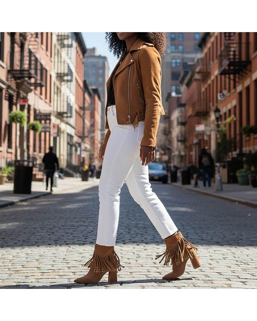 Beautiisoles by Robyn Shreiber Made in Italy Brown Tal Cognac Bootie Suede Fringes With Zipper Elegant & Comfortable For Work & Evening