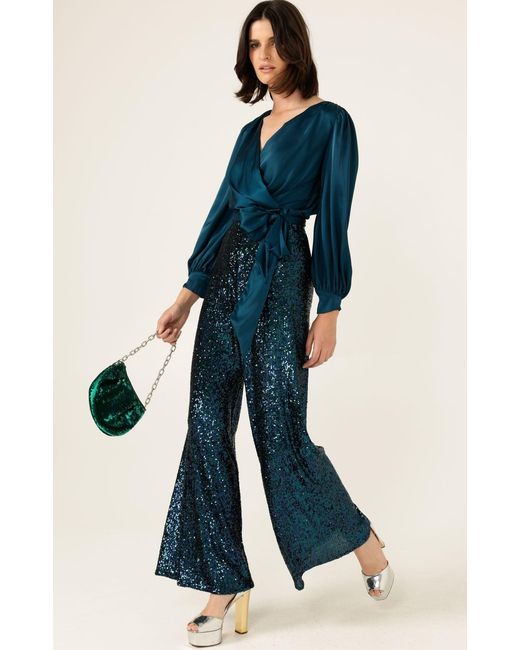 SACHA DRAKE Blue Satin Faux Wrap Top