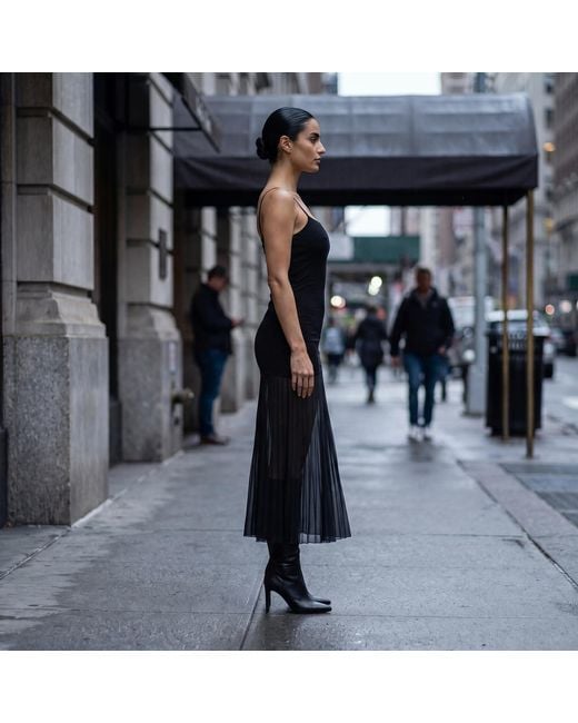 Modenaire Black Sheer Mesh Maxi Dress With Spaghetti Straps & A Fitted Silhouette