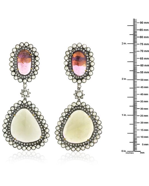 Artisan Metallic 18k Gold Silver With Bezel Set Pearl & Multi Tourmaline Pave Diamond Elegant Earrings