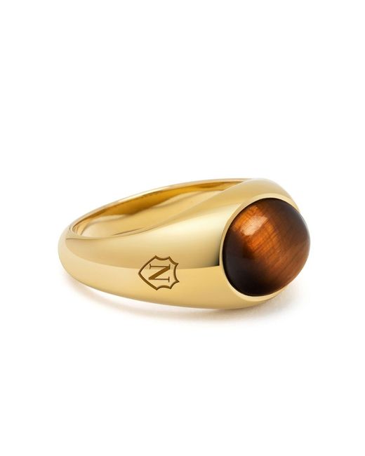 Nialaya Metallic Gold Oval Signet Ring With Brown Tiger Eye for men
