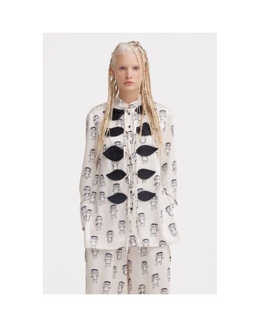 Julia Allert Black Neutrals Art Print Longline Tie Front Blouse – Ivory