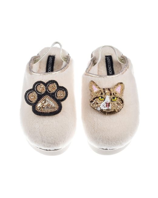 Laines London Metallic Neutrals Flatform Cloud Slippers With Ginger Tabby Cat & Paw Brooches
