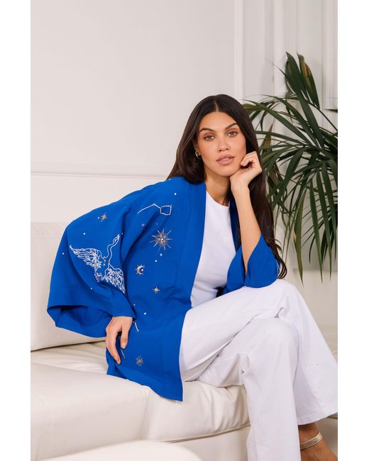 Artemis Muse Blue Cosmos Embroidered Electric, Ivory & Fully Lined Short Kimono