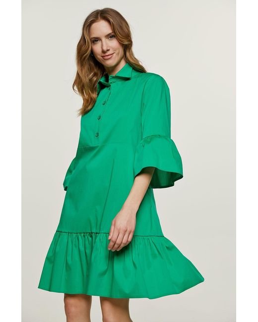 Conquista Green Bell Sleeve Dress With Ruffle Hem