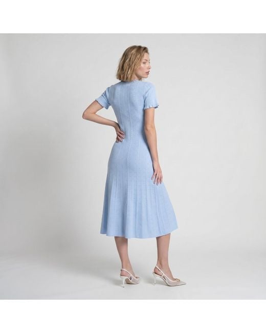 Modenaire Blue Knit Midi Dress Sculpted Button Front