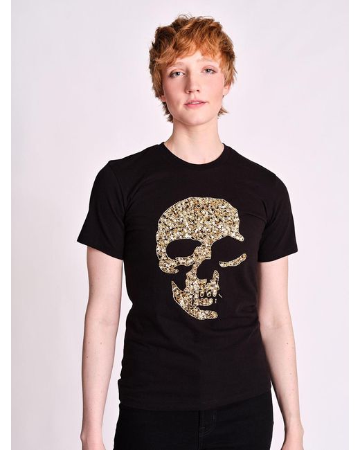Any Old Iron Black Golden Shadow Skull Beaded T-Shirt