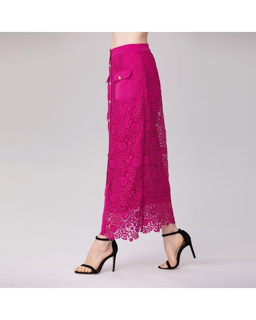 Smart and Joy Red Lace And Center Buttons Straight Midi Skirt