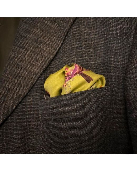 Ralufineart Yellow Silk Twill Pocket Square With Exotic Birds for men