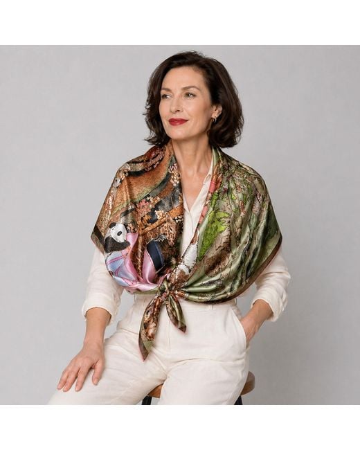 Wenzi Multicolor Neutrals The Forest Circus Hand Painted Mulberry Silk Square Scarf