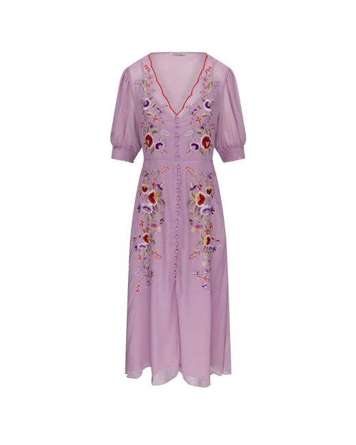 Hope and Ivy Purple The Mila Floral Embroidered Tea Dress With Button Front And Scallop Neckline