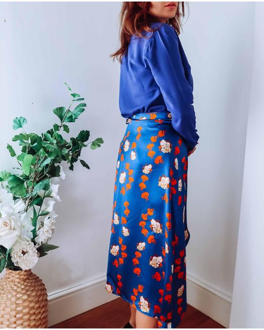 Sophie Cameron Davies Blue Floral Silk Wrap Skirt