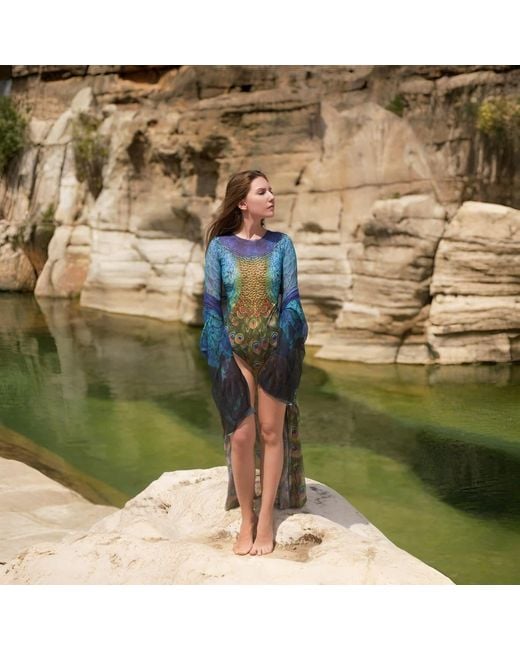 Rodasoleil Smart Swimwear Blue Tan-Through Mesh One-Piece Swimsuit With Sleeves Peacock Mayura