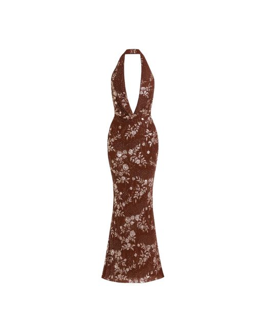 Date Boutique Brown Deep Plunge Sequin Halter Maxi Dress
