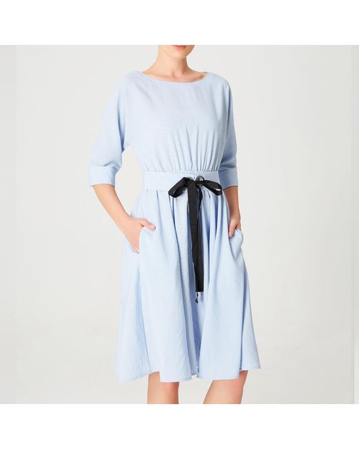 Smart and Joy Blue Wide-Belt Flared Dress